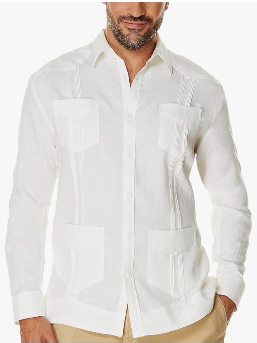 Men's Classic Linen Guayabera-Style Button-Up Shirt sz M - White